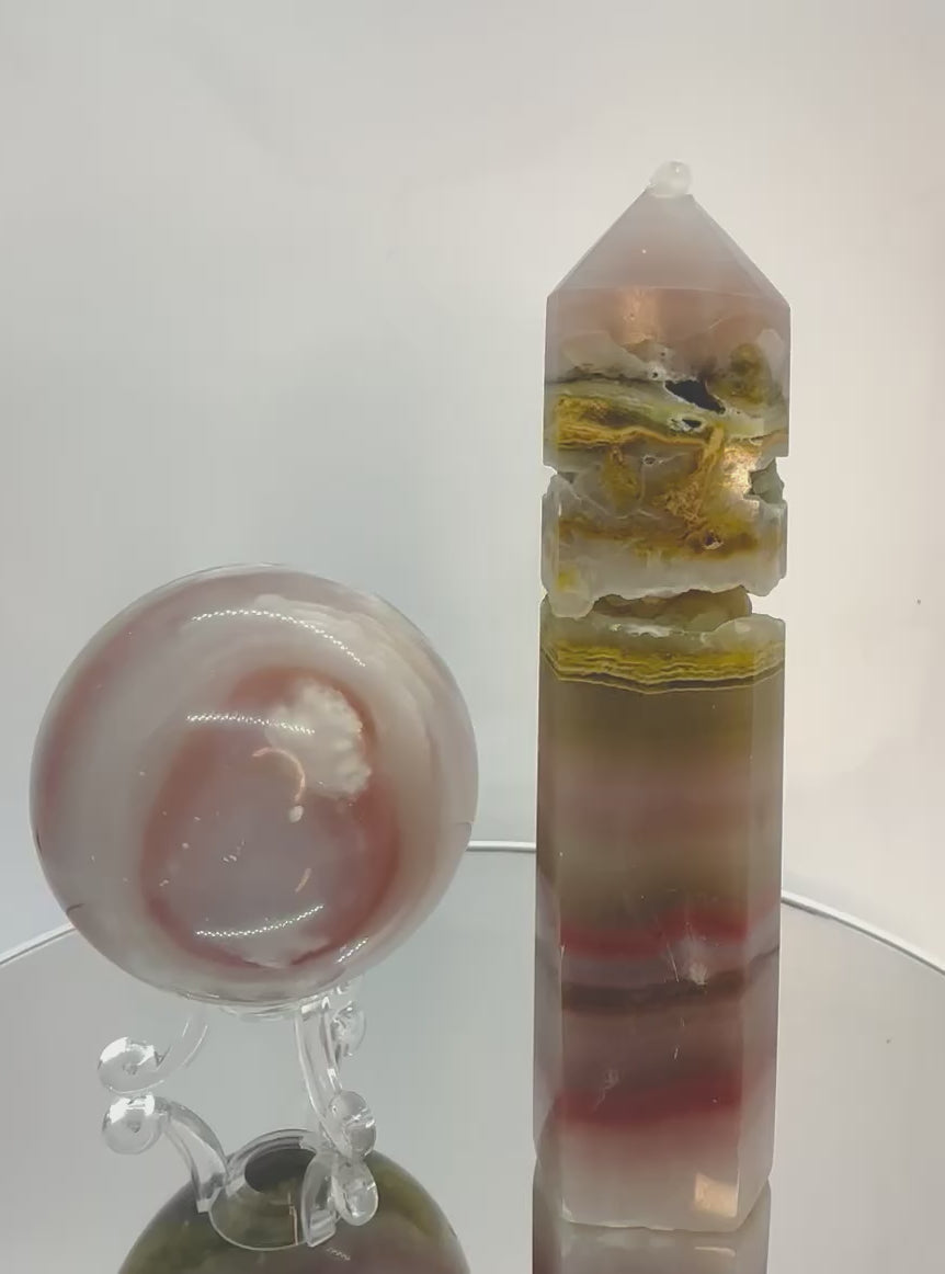 Pink Banded Calcite Sphere and Tower Set, Pakistan